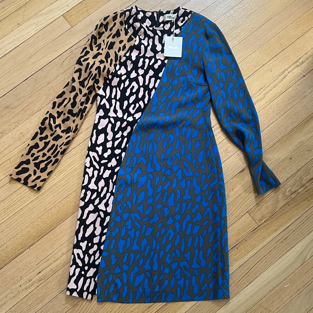 Diane Von Furstenberg Blue and Tan Long Sleeve Dress